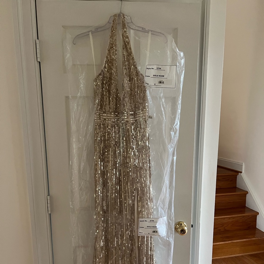 Mac Duggal Gold Halter Dress
